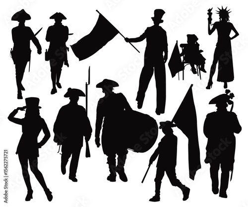Fourth of July Parade silhouette, Uncle Sam Lady silhouette, independence or victory day of USA. Aunt Samantha USA Patriotic Single or Couples Costume 4th of July shadow vector 