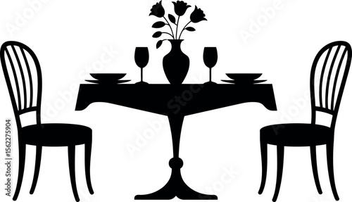 Romantic dinner table silhouette with flowers and wine glasses vector illustration.