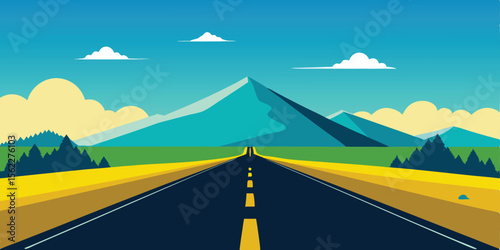 Speeding car on an asphalt highway through a rural mountain landscape under a summer sky