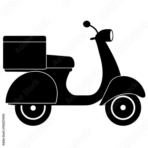 Delivery scooter with box transport vehicle monochrome silhouette vector illustration