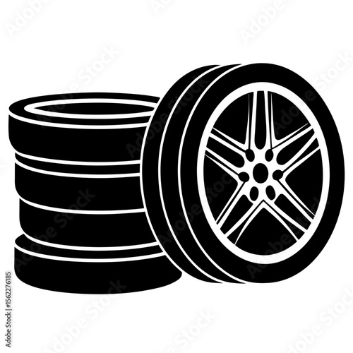 Stack of tires with wheel and rim automotive part silhouette vector illustration