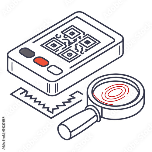 Digital identity verification using a smartphone with a qr code and fingerprint scan alongside a magnifying glass and a jagged line representing data analysis