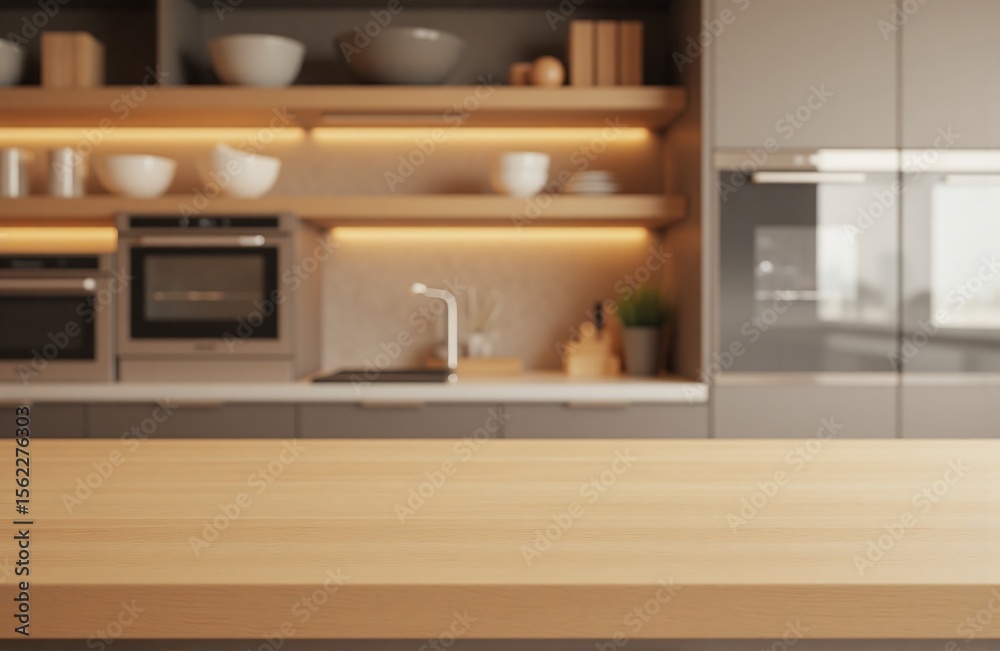 Fototapeta premium Clean wooden kitchen island, blurred warm-toned kitchen, interior photo for product mockup and styling reference