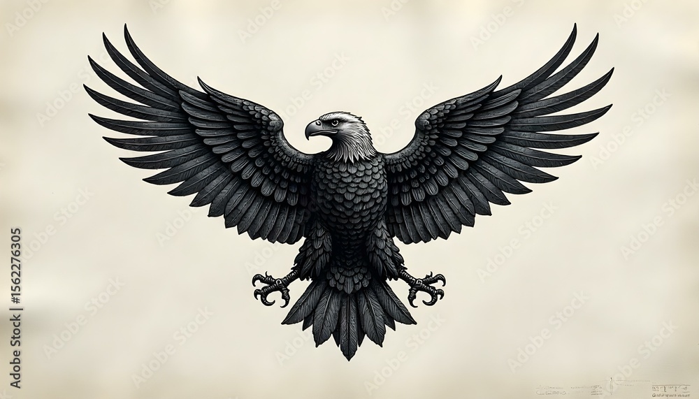 Fototapeta premium Eagle emblem, black ink on textured white parchment background. Eagle Vector.