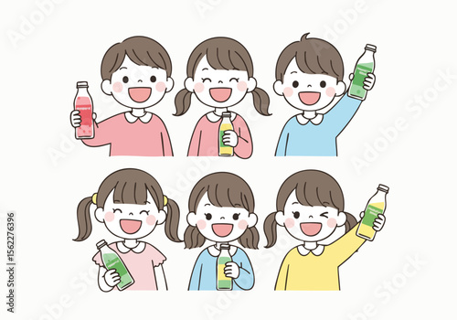 Cute Cartoon Style Children Holding Soda Bottle Illustration Set