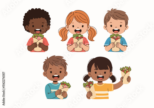 Cute Cartoon Children Eating Shawarma Wrap Middle Eastern Food Illustration