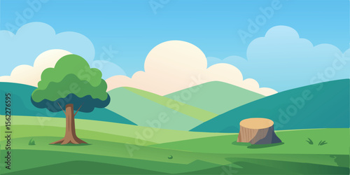 Lush summer landscape vector with green trees, rolling hills, and a clear blue sky, illustrating a serene natural environment