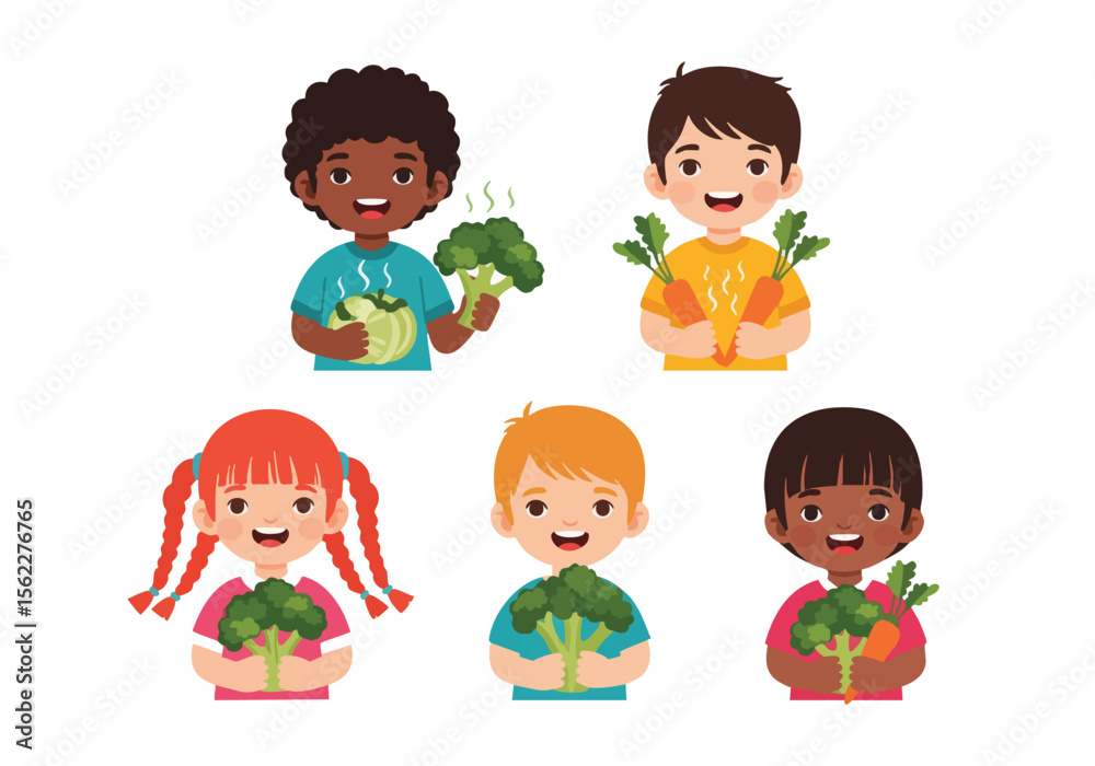 Cheerful Cartoon Diverse Children Holding Fresh Vegetable Healthy Food Illustration Cheerful Cartoon Diverse Children Holding Fresh Vegetable Healthy Food Illustration