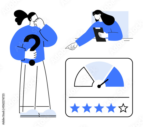 Character holding a question mark, reviewer pointing while holding a tablet, rating gauge, and five-star review. Ideal for customer experience, quality control, feedback systems, surveys, reviews
