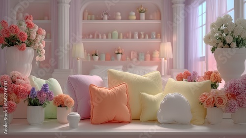 Dreamy pastel room with pillows and flower bouquets