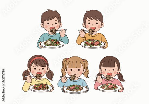 Flat Design Kids Enjoy Eating Noodles Together Illustration Concept