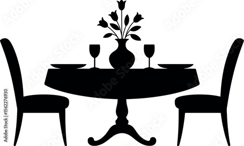 Romantic dinner table silhouette with flowers and wine glasses vector illustration.