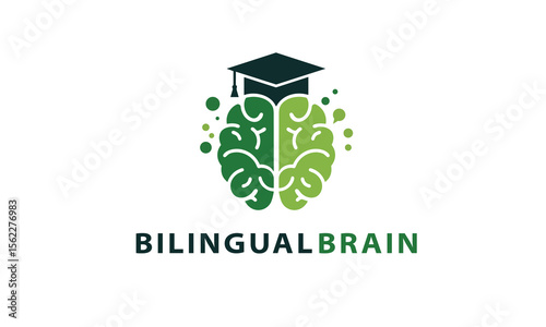"Bilingual Brain Logo with Graduation Cap and Green Abstract Brain - Education & Learning"