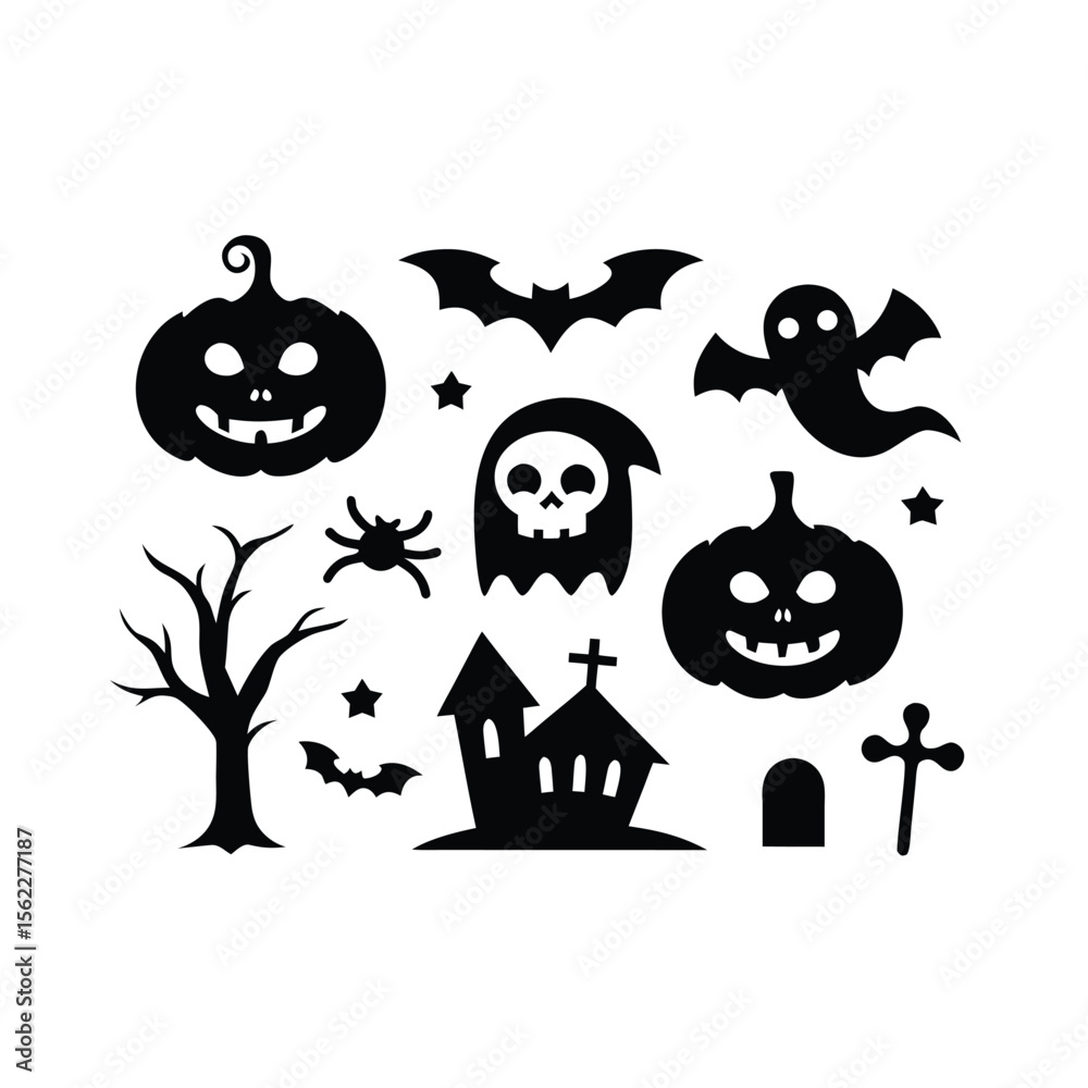 Obraz premium Vector haunted house black and white illustration set. halloween silhouette elements of spooky cottage, big moon, ghost, bats, trees. scary samhain party invitation or card design. Premium Vector 