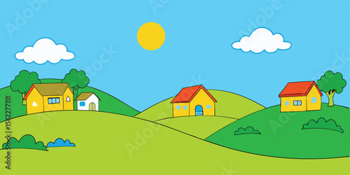 Charming Village Scene Sunny Hills, Houses, and Lush Greenery