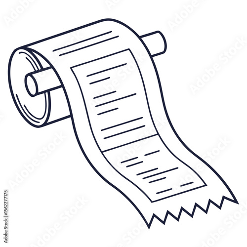 A simple hand drawn outline illustration of a receipt or bill unrolling from a roll on a white background