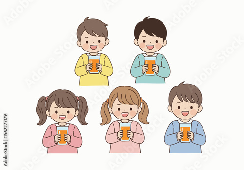Cute Cartoon Style Kids Enjoying Refreshing Drink Illustration
