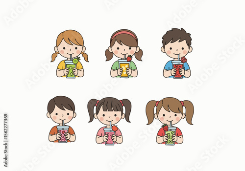 Cute Cartoon Style Children Drinking Juice Illustration in Various Colors