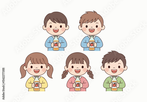 Cartoon Style Smiling Children Holding Juice Box Character Illustration