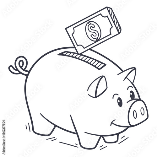 Cute hand drawn outline of a smiling piggy bank with a dollar bill being inserted into its slot representing saving money and financial growth
