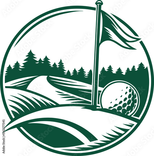 Detailed vector illustration of a lush golf course green with manicured fairways sand traps and a flag perfect for sports branding and leisure advertising