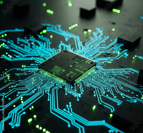 Electronic microchip on black circuit board with glowing blue and green lines representing digital data connections and modern technology
