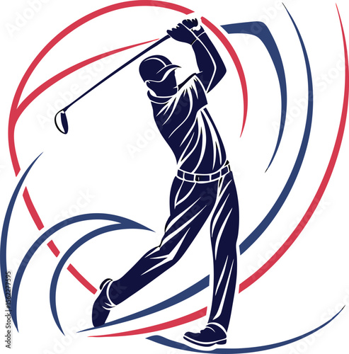 Dynamic vector silhouette of a golfer in motion capturing the essence of the sport with clean lines and vibrant colors suitable for various design applications