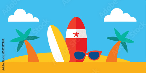 Sunny Beach Vibes Surfboards, Sunglasses, and Tropical Paradise