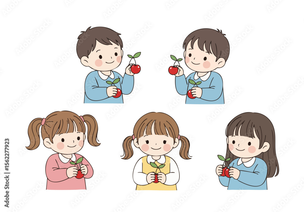 Cute Handdrawn Group of Little Children Holding Potted Plants Illustration Cute Handdrawn Group of Little Children Holding Potted Plants Illustration
