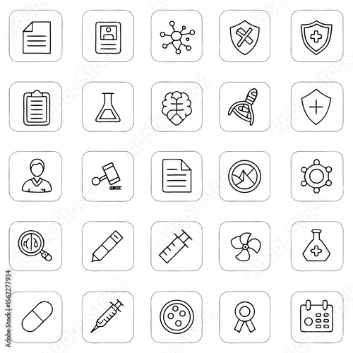 Collection of medical and scientific icons including documents, shields, and laboratory equipment in black outline