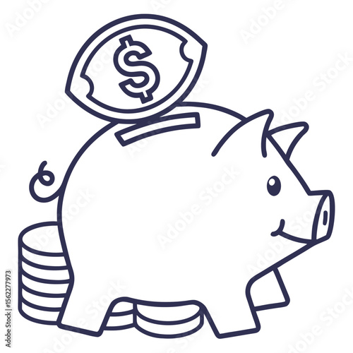 A simple line art illustration of a happy piggy bank with a dollar coin being inserted and coins stacked beside it symbolizing saving money and financial growth