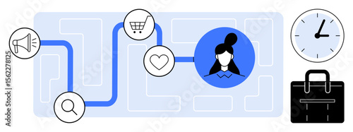 Person-centered journey map with search, marketing, shopping cart, and heart icons, clock and briefcase elements highlight stages in decision-making. Ideal for marketing, customer engagement
