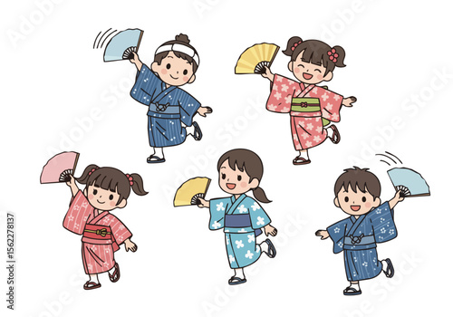 Cute Handdrawn Group of Children Dancing Bon Odori in Kimono Illustration