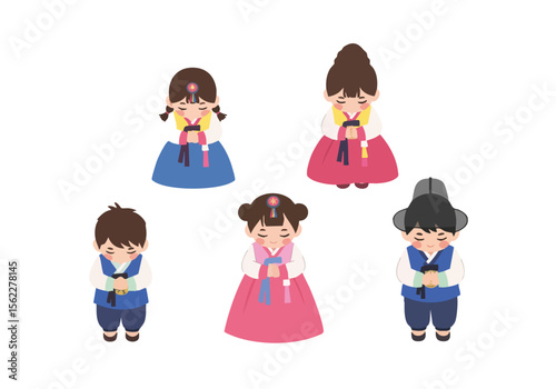 Cute Flat Style Traditional Costume People Character Illustration Set