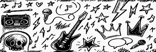 Hand-Drawn Rock and Roll Music Icons: Guitar, Skull, Crowns, and More