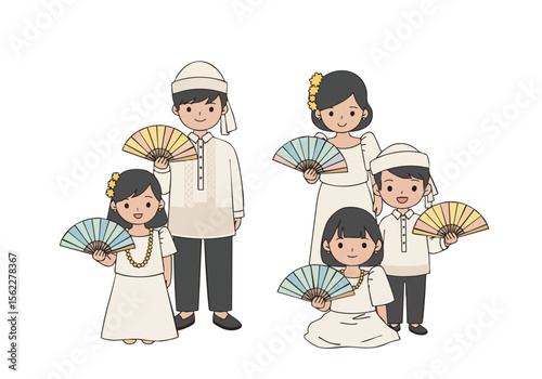 Cute Handdrawn Filipino Family Traditional Costume with Fan Character Illustration
