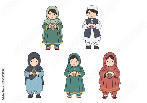 Cartoon Illustration of Five Afghan Children Holding a Cup Drink