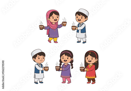 Cute Handdrawn Children Holding Cups of Warm Drink Celebration Illustration