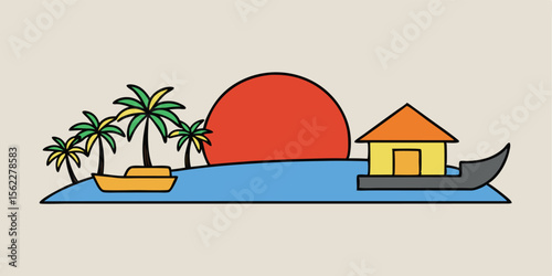 Sunset Serenity Tropical Island Escape with Houseboat and Palm Trees