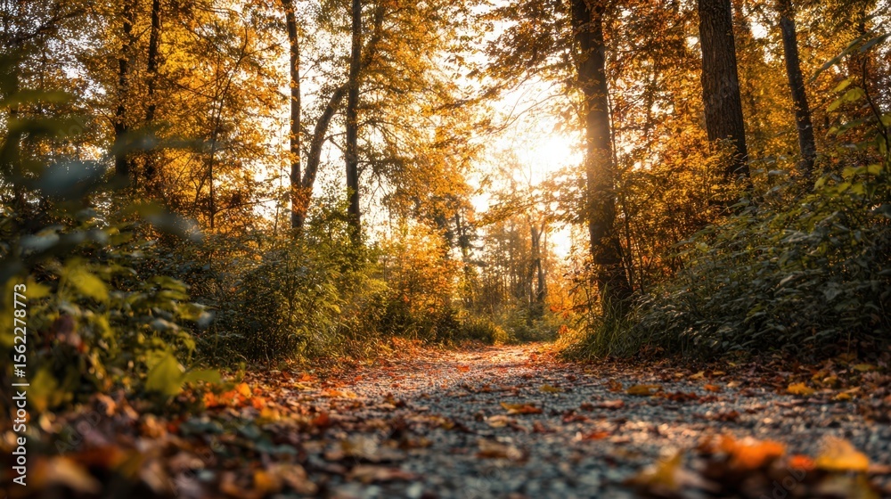 Fototapeta premium The Inviting Trail Through a Beautiful Autumn Forest at Sunset