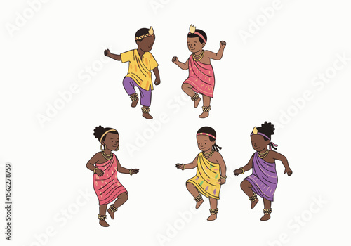 Hand Drawn Lively Dancing Children in Traditional African Clothing Illustration