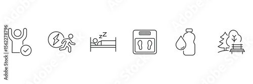 Healthy lifestyle set of web icons in line style. Healthy lifestyle, exercise, diet, nutrition, weight training, body care, workout, physical activity, gym, sleep, body care. Vector illustration.