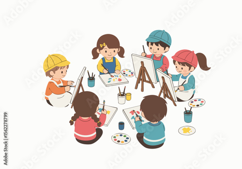 Colorful Flat Illustration of Kids Painting Together in Art Class