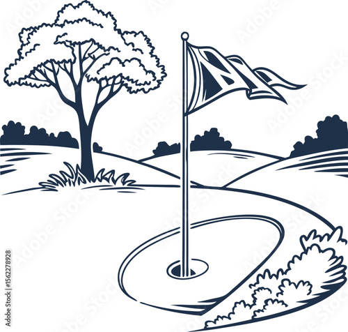 Vibrant vector illustration of a lush green golf course hole with a flag showcasing a well maintained fairway and putting green under a clear sky perfect for sports and leisure themes