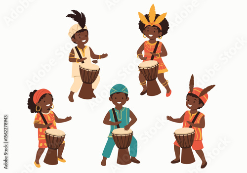 Colorful Cartoon African Children Playing Djembe Drum Instruments Illustration