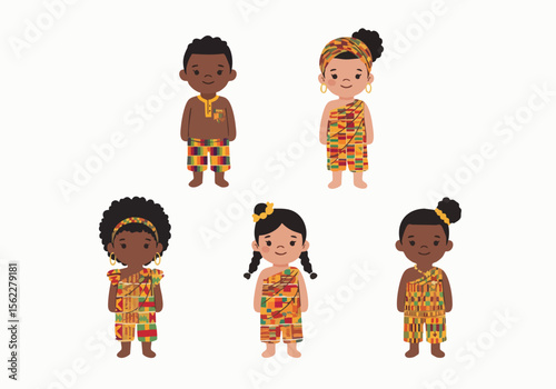 Cute Cartoon Style Diverse Group of Children in African Traditional Clothes Illustration