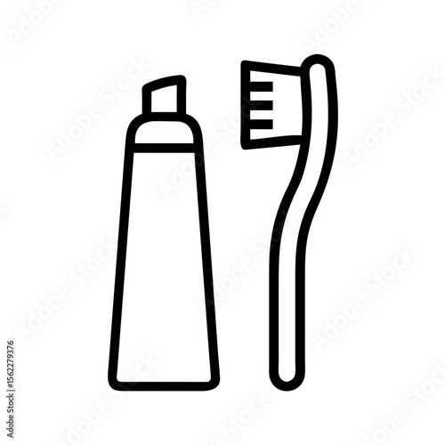 Toothbrush and toothpaste icon for oral care, minimalist design, black and white on transparent background