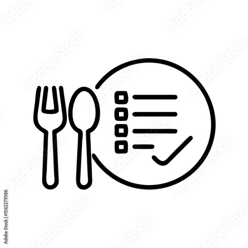 Nutrition icon with plate, fork, and checklist, minimalist design, black and white on transparent background