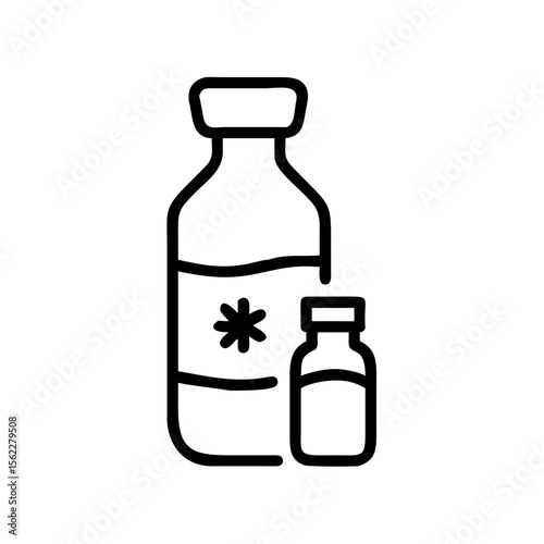 Vaccine and vial icon for immunization, minimalist design, black and white on transparent background