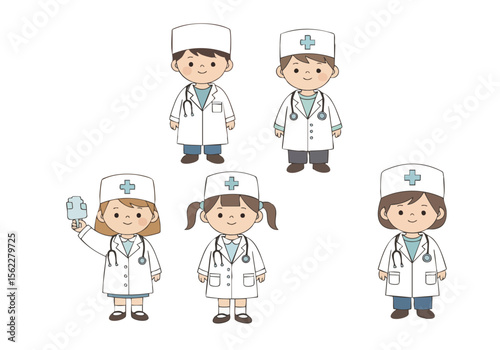 Cartoon Style Diverse Group of Young Doctor Character Illustration